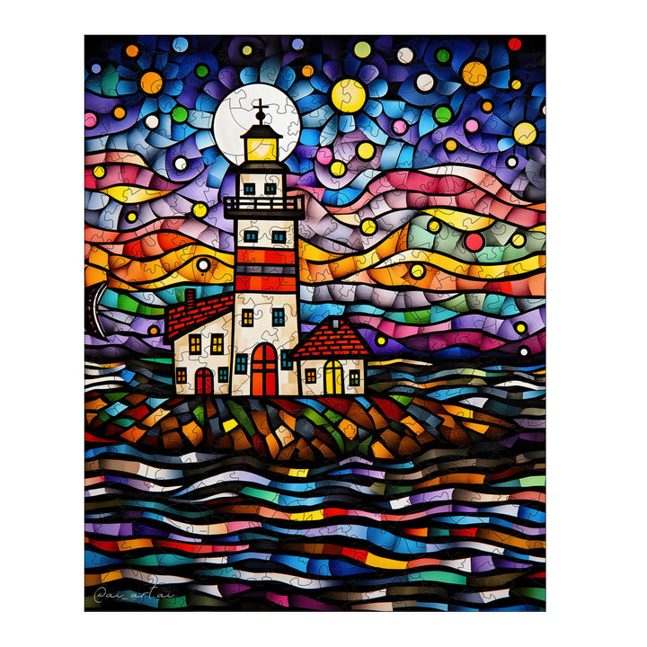 Glassy Lighthouse artwork by Pietro Gallo, showcasing vibrant stained glass design with colorful waves and stars.