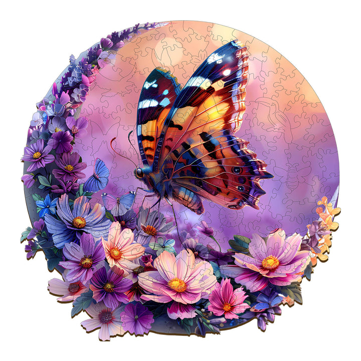 Colorful Butterfly and Moon-1 wooden jigsaw puzzle surrounded by vibrant flowers, perfect for brain-boosting fun.