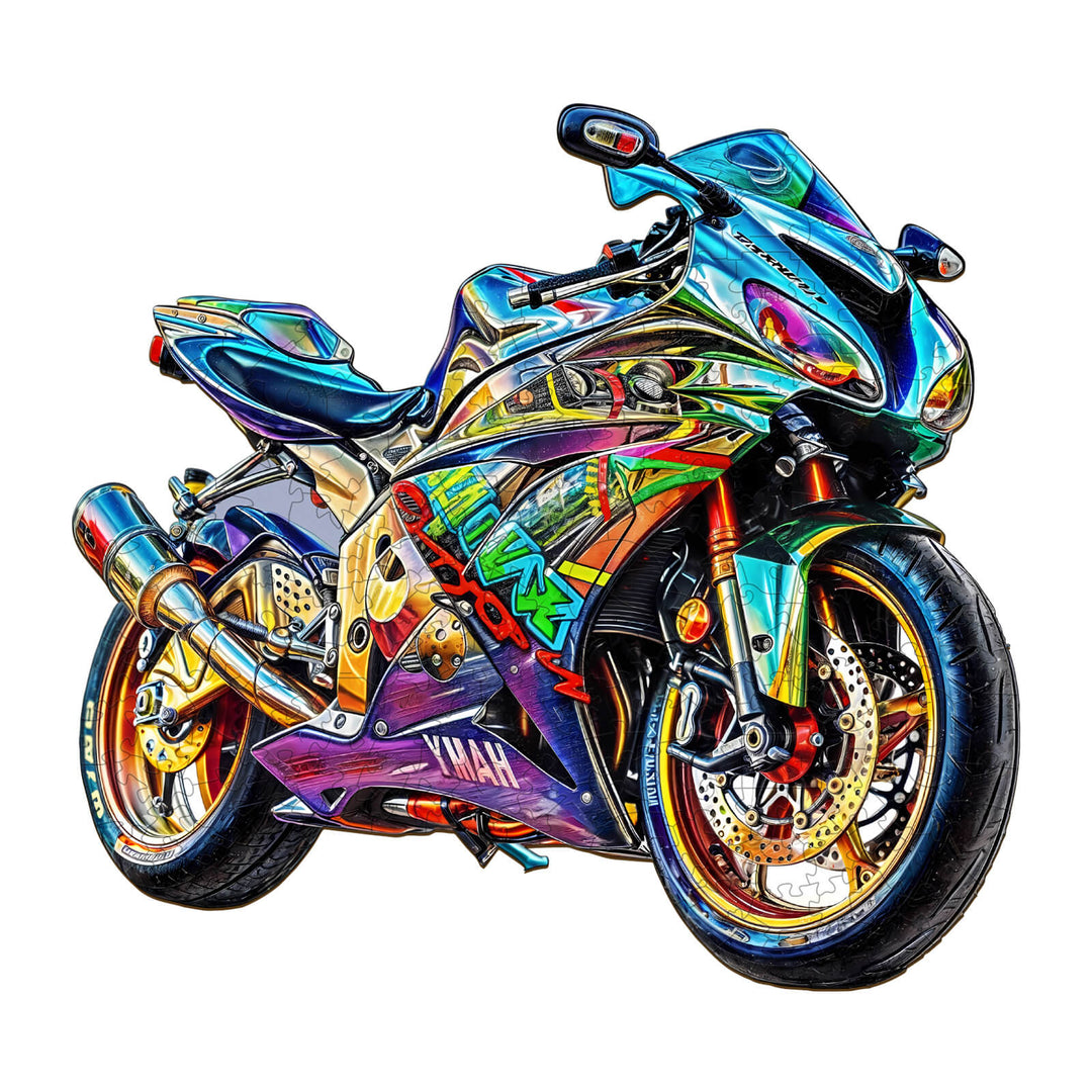 Colorful wooden motorcycle jigsaw puzzle designed for puzzle enthusiasts and mind games. Ideal for focus and cognitive skills.