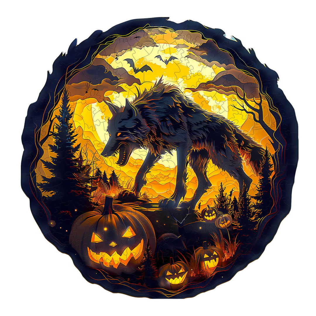 3D Halloween Wolf Wooden Jigsaw Puzzle featuring a shadowy wolf, pumpkins, and a spooky moonlit background.