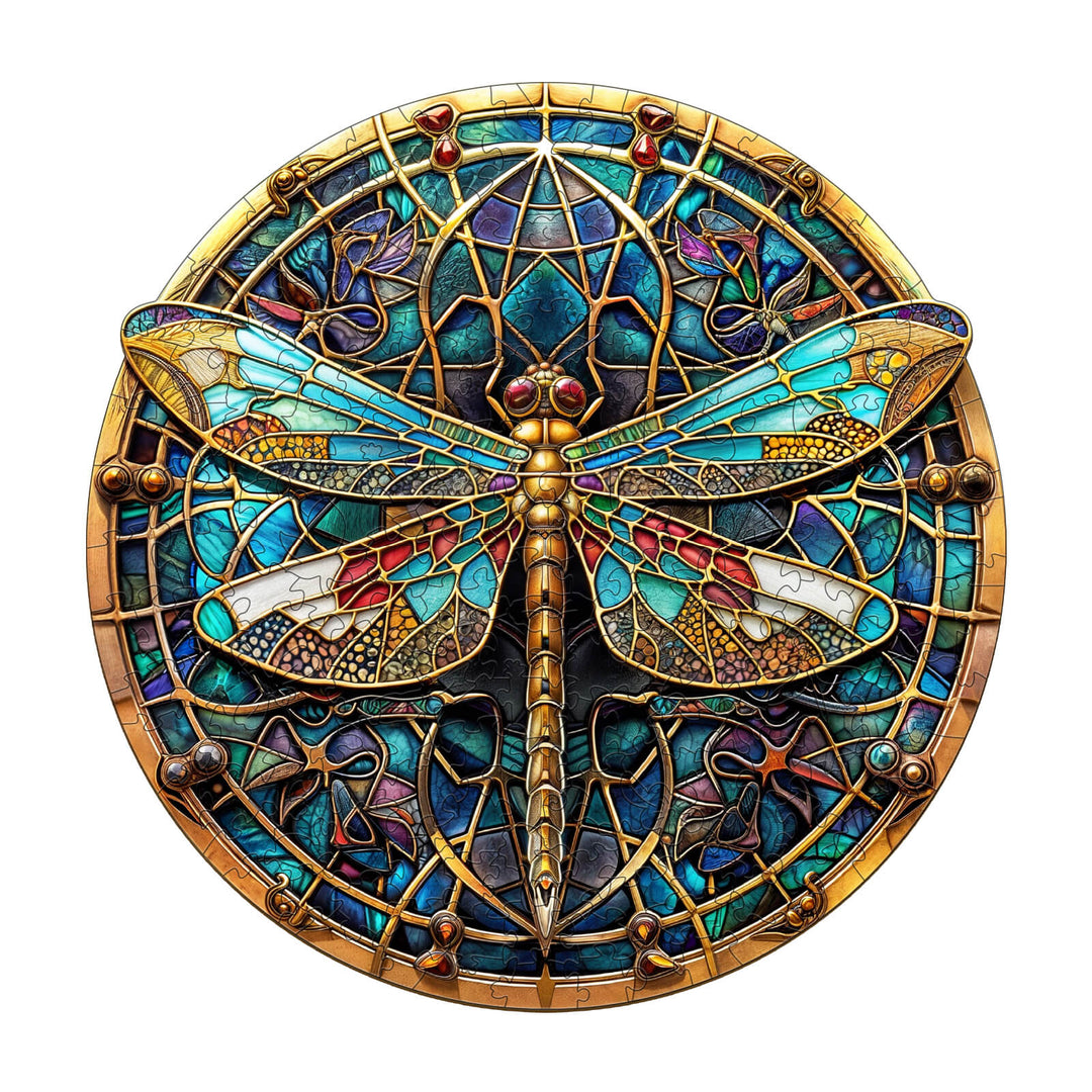 Vintage Dragonfly Wooden Jigsaw Puzzle featuring intricate stained glass design with vibrant colors and detailed patterns.