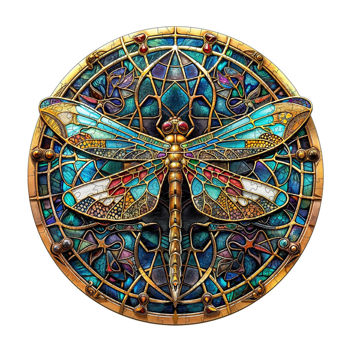 Vintage Dragonfly Wooden Jigsaw Puzzle featuring intricate stained glass design with vibrant colors and detailed patterns.