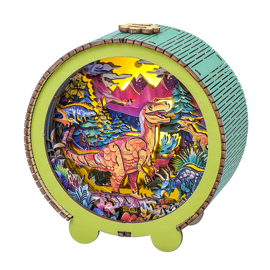 Volcano Dinosaur Kit 3D wooden puzzle night light featuring a vibrant dinosaur scene with mountains and colorful vegetation.