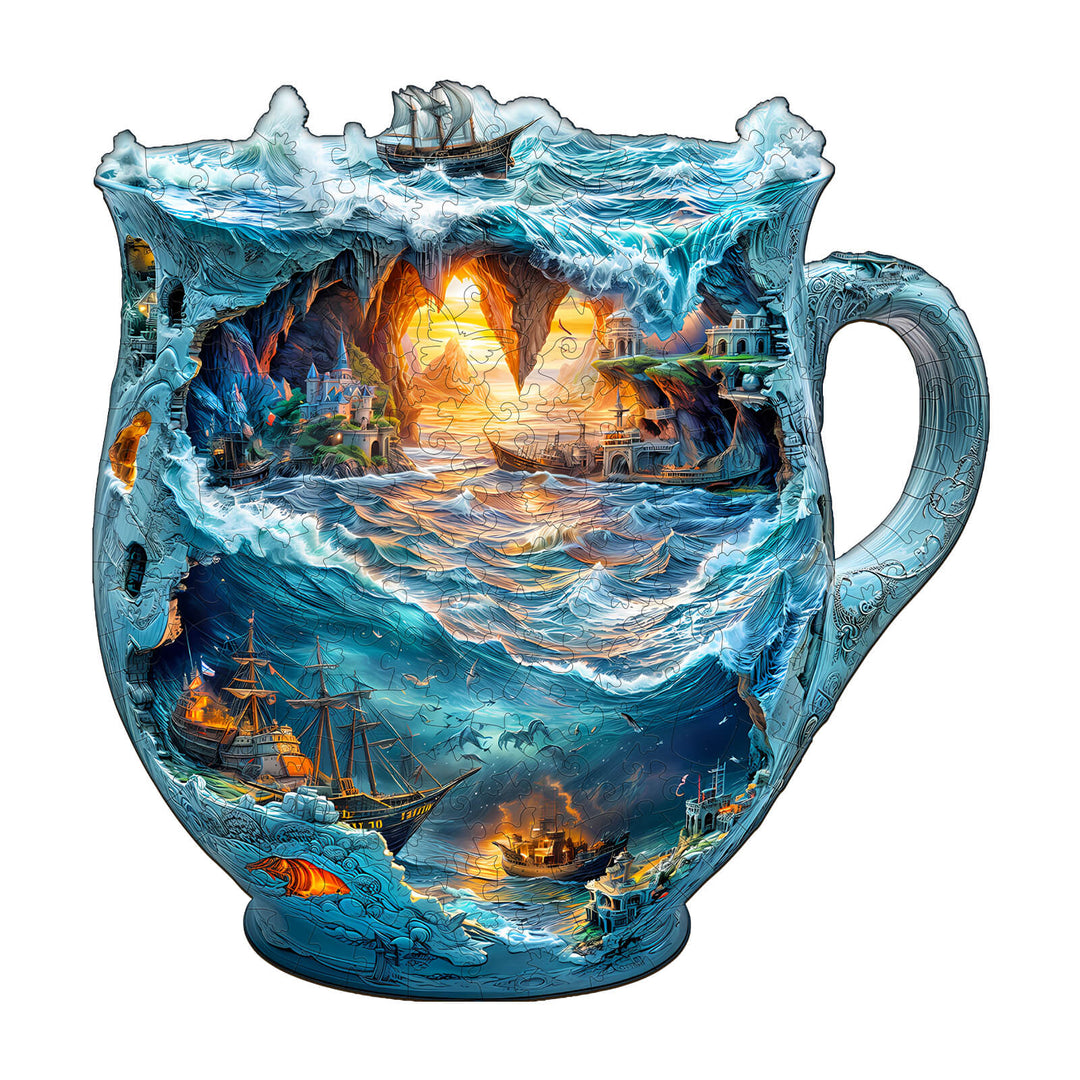 Sea navigation mug jigsaw puzzle featuring ships and vibrant ocean scene, designed for mind games and focus.