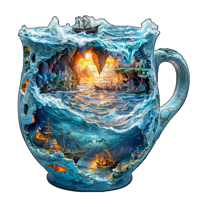 Sea navigation mug jigsaw puzzle featuring ships and vibrant ocean scene, designed for mind games and focus.