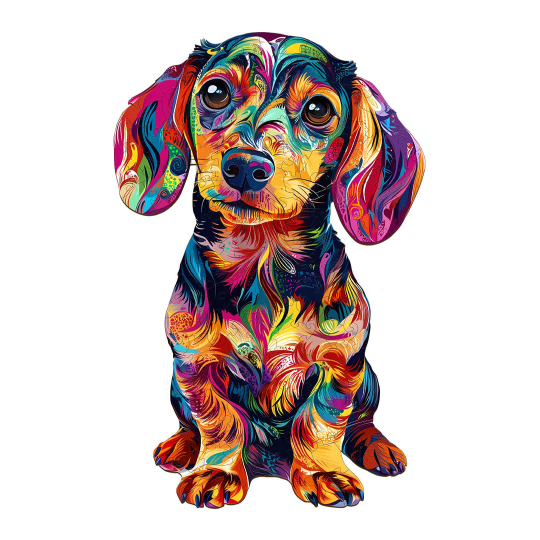 Colorful Dachshund-1 wooden jigsaw puzzle featuring a vibrant, artistic illustration of a dachshund dog.