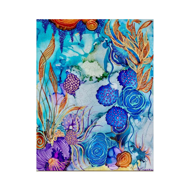 Vibrant puzzle artwork 'Atlantis' by Amy Tieman featuring colorful flowers and abstract designs.