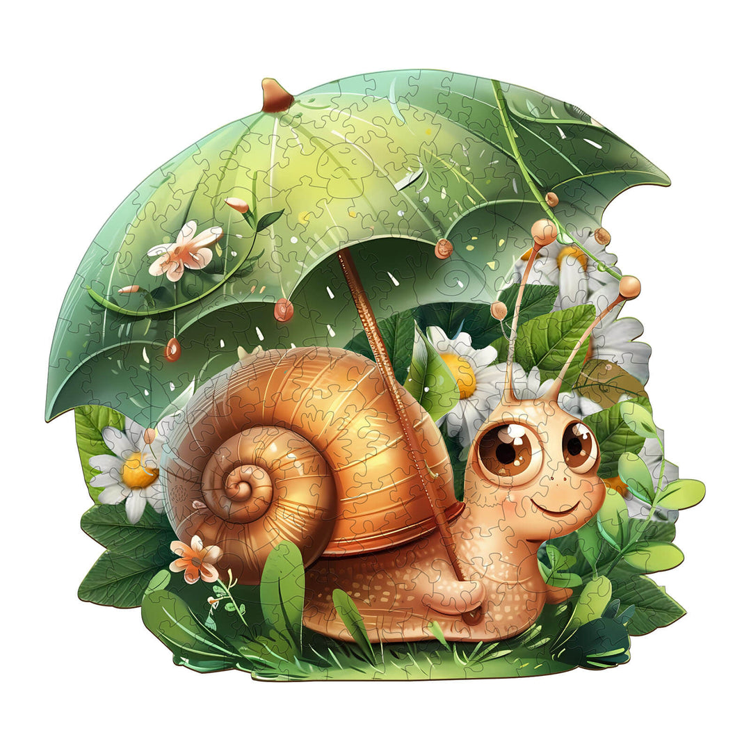 Leisurely Snail wooden jigsaw puzzle featuring a cute snail under a green umbrella surrounded by flowers and foliage.