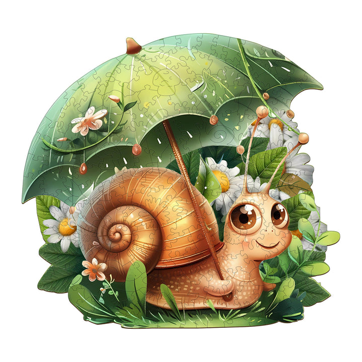 Leisurely Snail wooden jigsaw puzzle featuring a cute snail under a green umbrella surrounded by flowers and foliage.