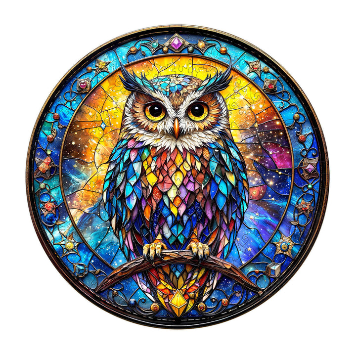 Vibrant owl illustration with iridescent colors, styled in a mandala pattern against a cosmic background.