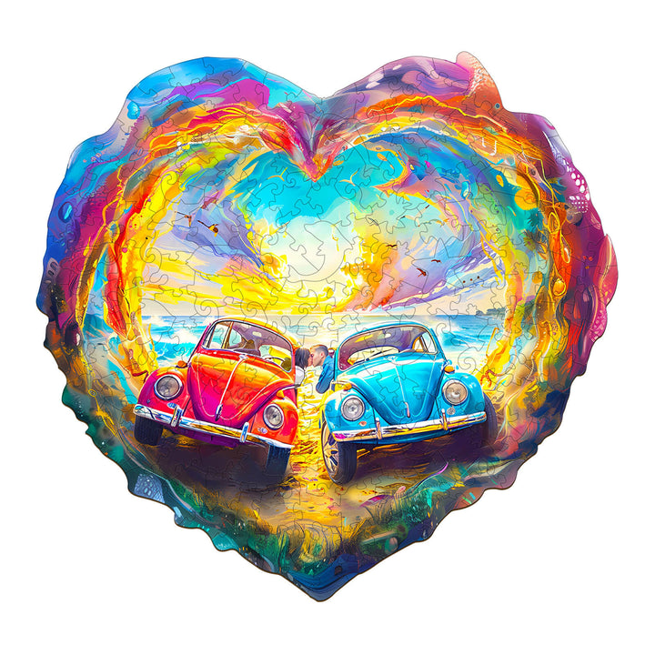 Sweet Encounter wooden jigsaw puzzle featuring colorful classic cars in a heart shape, perfect for mind games and focus.