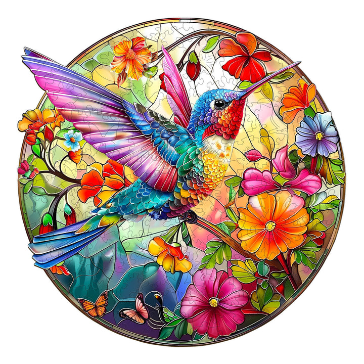 Colorful stained glass hummingbird jigsaw puzzle featuring vibrant flowers and a beautiful design, perfect for puzzle enthusiasts.