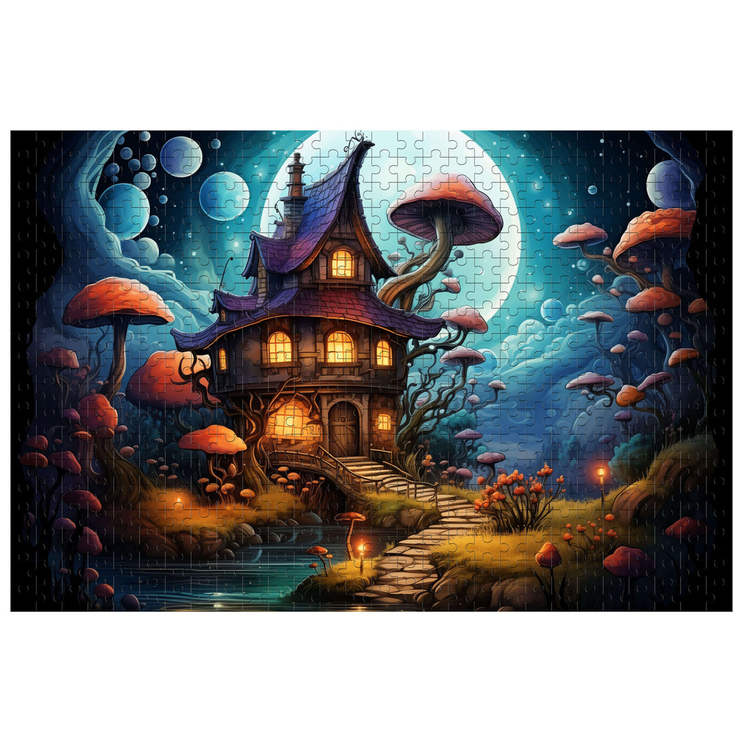 Weird Castle 500/1000 piece puzzle featuring a whimsical house and vibrant mushrooms under a moonlit sky.