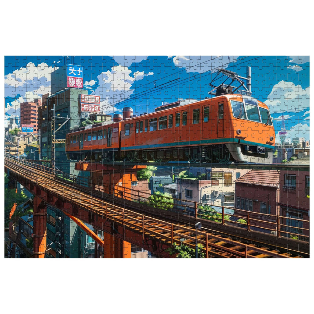 City Train puzzle featuring a vibrant orange train on elevated tracks in a bustling urban setting.