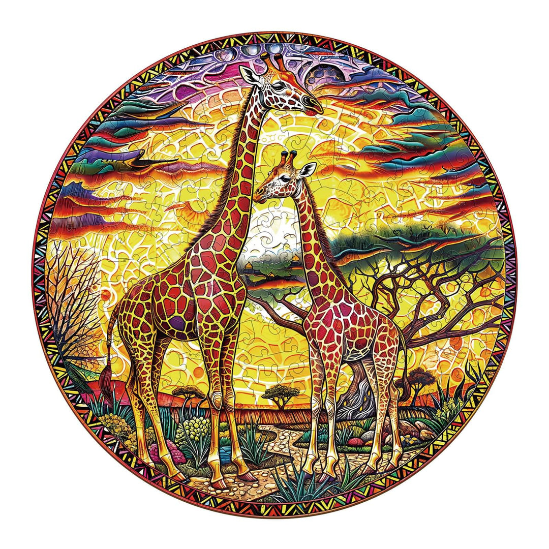 Colorful Giraffe Wooden Jigsaw Puzzle featuring two giraffes under a sunset sky, perfect for mind games and focus.
