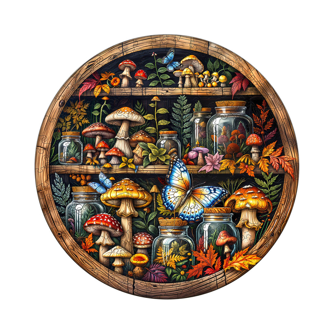 Colorful wooden jigsaw puzzle featuring mushrooms, jars, and a butterfly, perfect for puzzle lovers and nature enthusiasts.