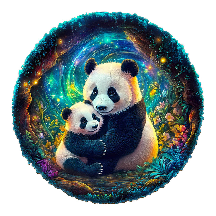 Colorful 3D panda family jigsaw puzzle artwork showcasing a mother and baby panda in a vibrant, magical forest.