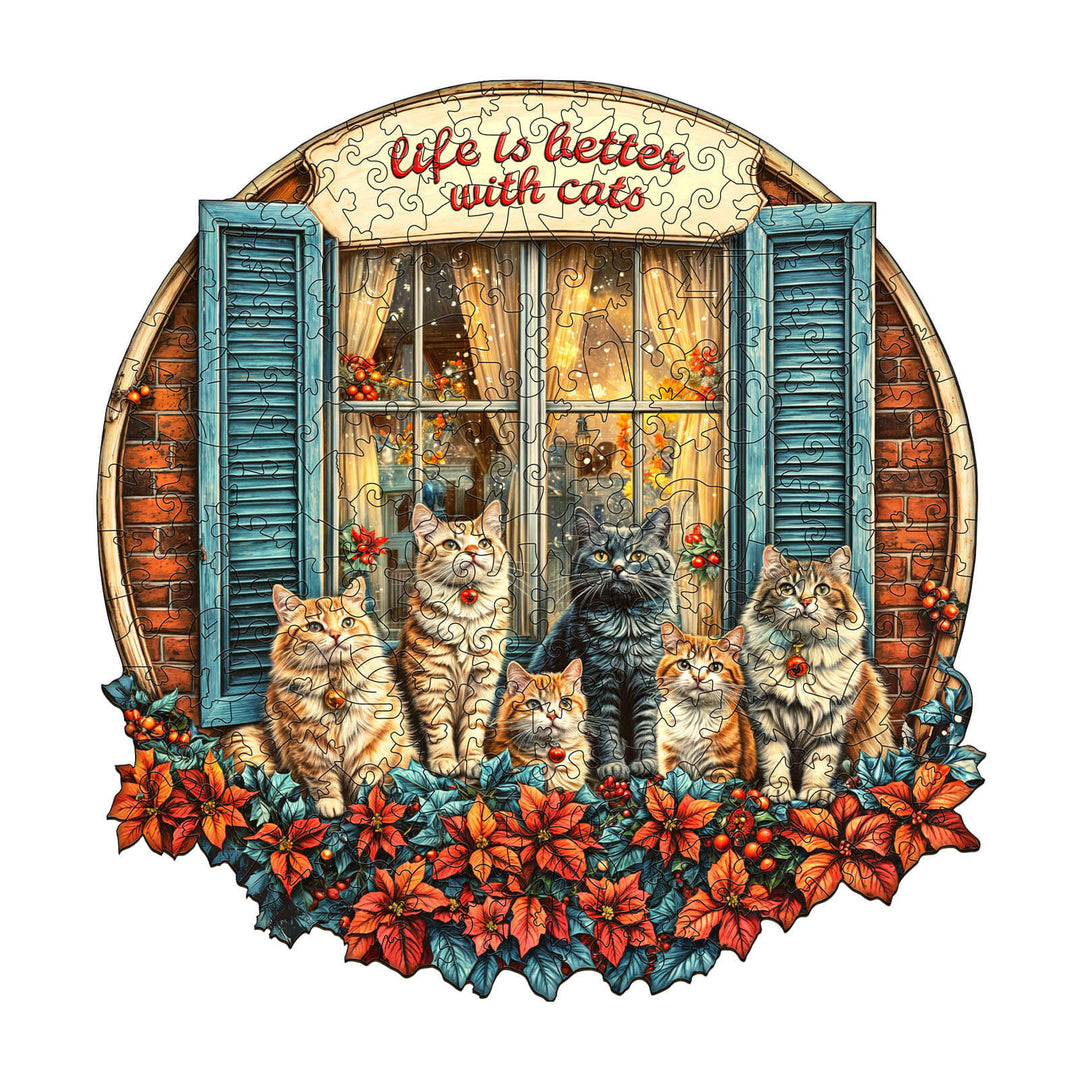 Serenade of Cats wooden jigsaw puzzle featuring cats by a window with flowers, promoting focus and intelligence through play.