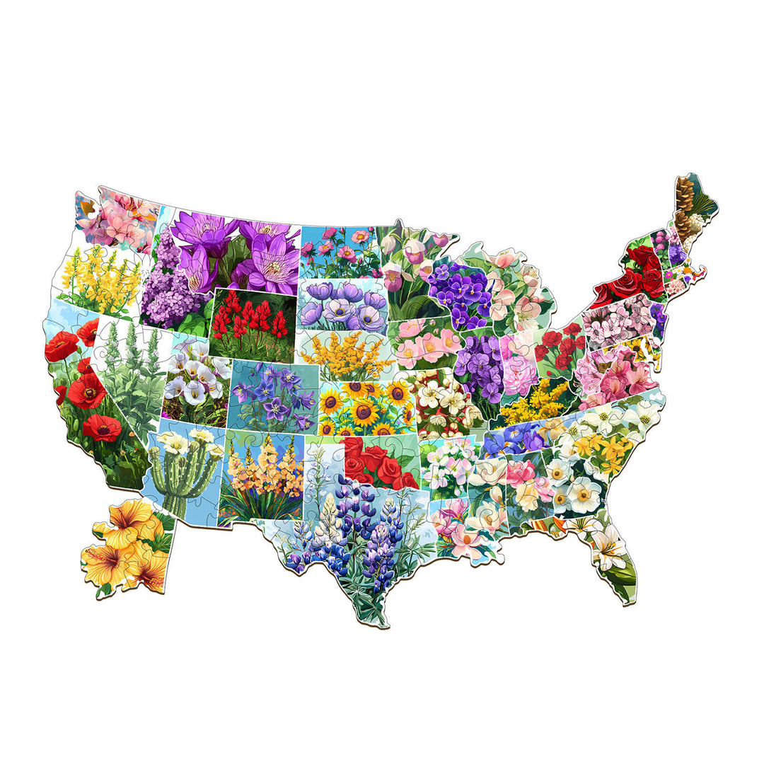 USA State Flowers Wooden Jigsaw Puzzle featuring vibrant floral designs across the map of the United States.