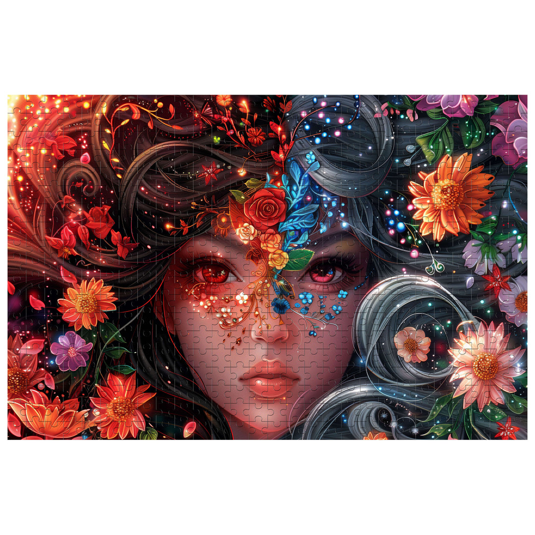 Yin Yang Girl jigsaw puzzle featuring vibrant flowers and a captivating female face, designed for mind games and focus.