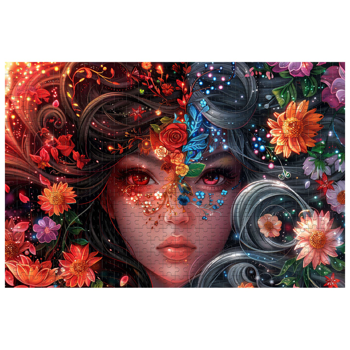 Yin Yang Girl jigsaw puzzle featuring vibrant flowers and a captivating female face, designed for mind games and focus.