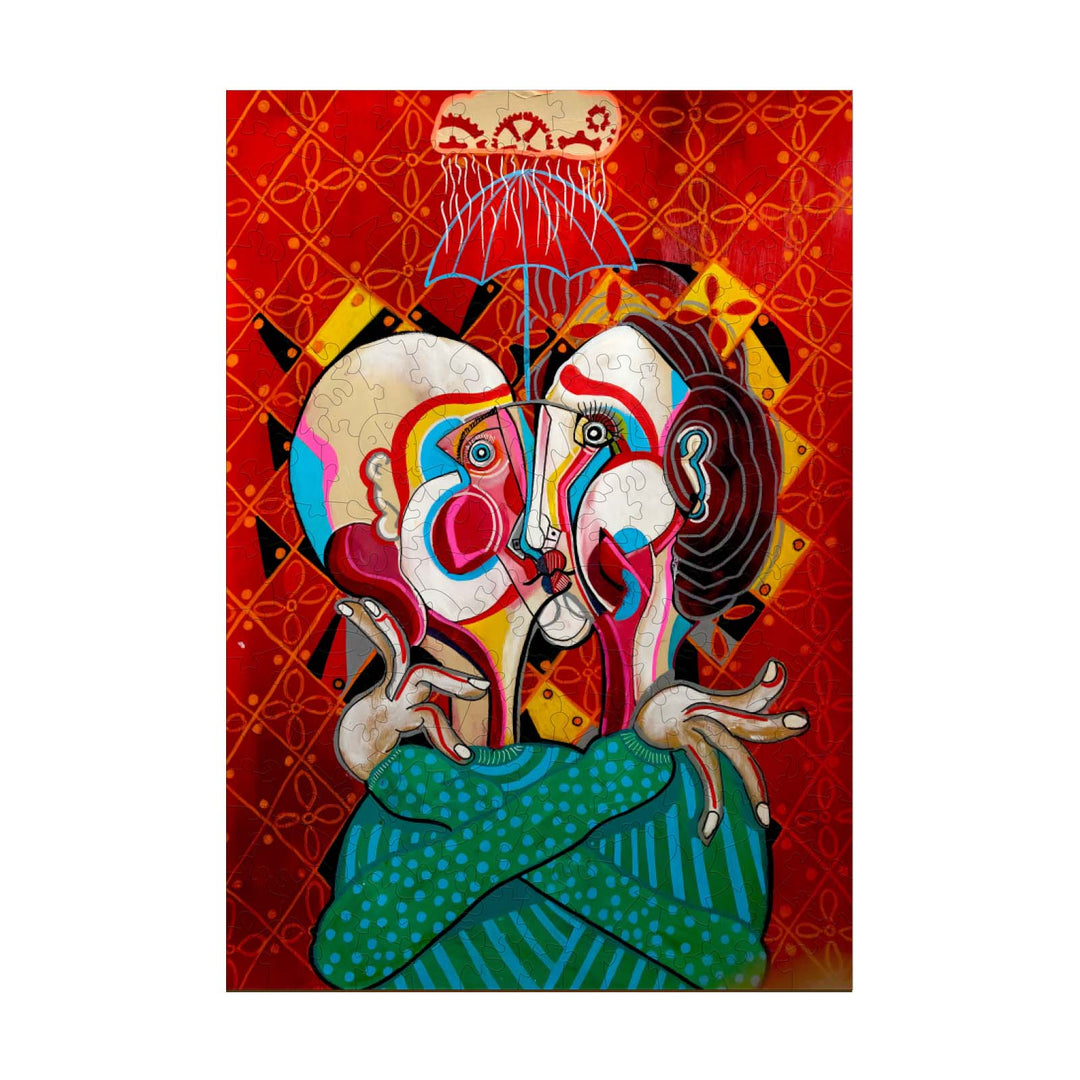 Artistic painting titled 'A Moment in Time' by Dylan Gill, featuring vibrant colors and abstract human forms.