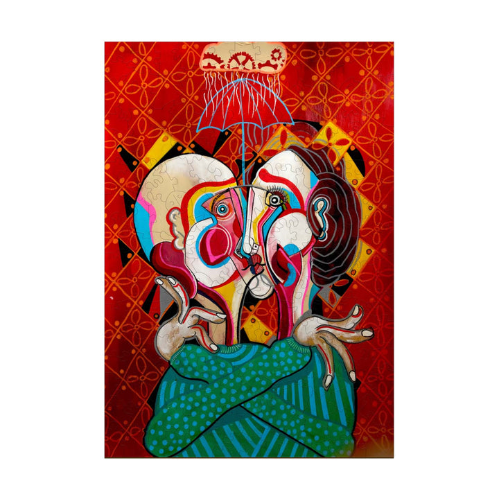 Artistic painting titled 'A Moment in Time' by Dylan Gill, featuring vibrant colors and abstract human forms.