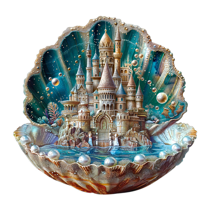 Pearlspire Citadel-2 wooden jigsaw puzzle featuring a stunning castle within a shell illustration, perfect for puzzle enthusiasts.