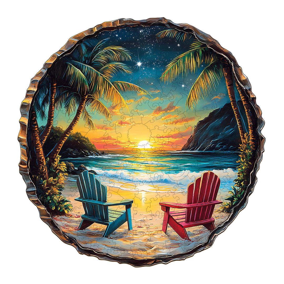 3D Sunset Beach Wooden Jigsaw Puzzle with vibrant sunset and palm trees, featuring blue and red chairs on the shore.