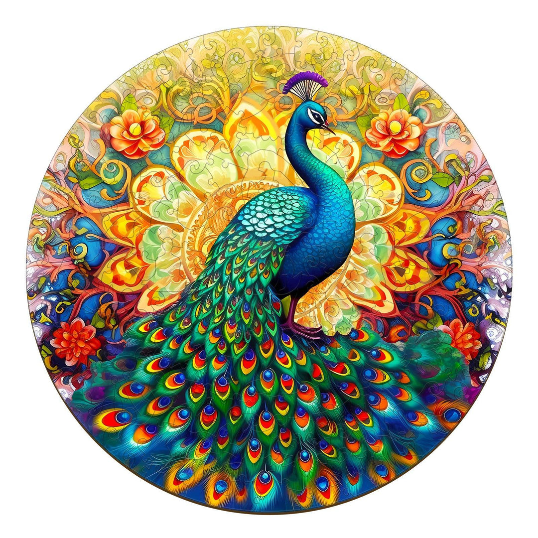 Colorful Mandala Peacock Wooden Jigsaw Puzzle featuring intricate floral designs and vibrant hues.