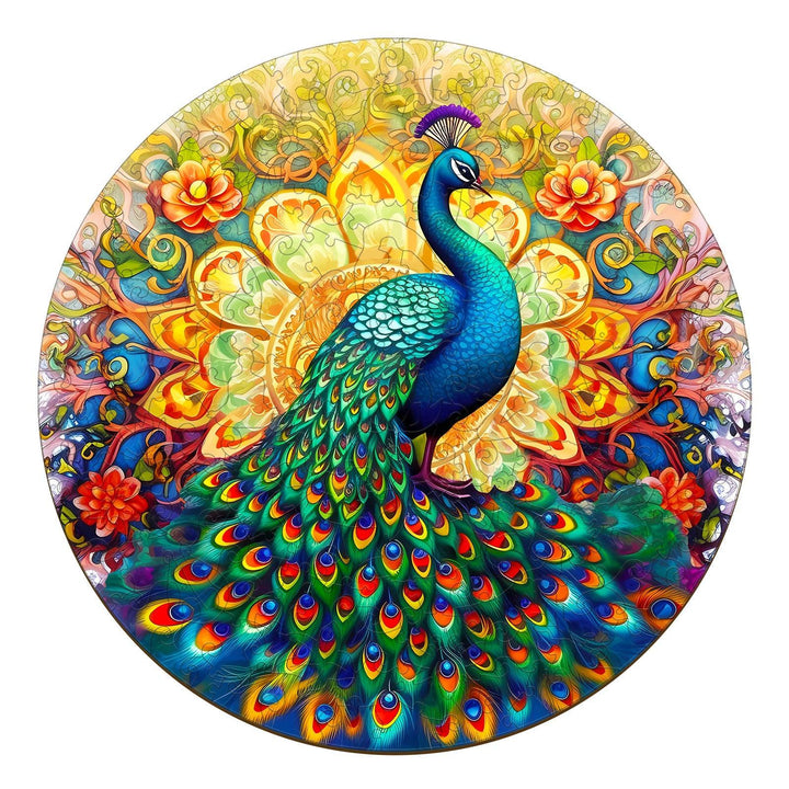 Colorful Mandala Peacock Wooden Jigsaw Puzzle featuring intricate floral designs and vibrant hues.