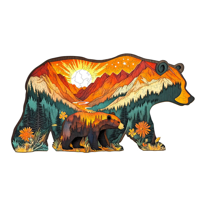 Bears in the Forest Wooden Jigsaw Puzzle featuring colorful bear design against mountains and sunset.