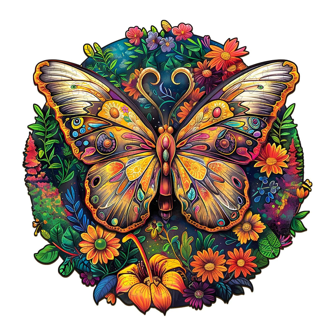 Colorful Ancient Butterfly-2 wooden jigsaw puzzle design with vibrant flowers, promoting focus and brain activity.