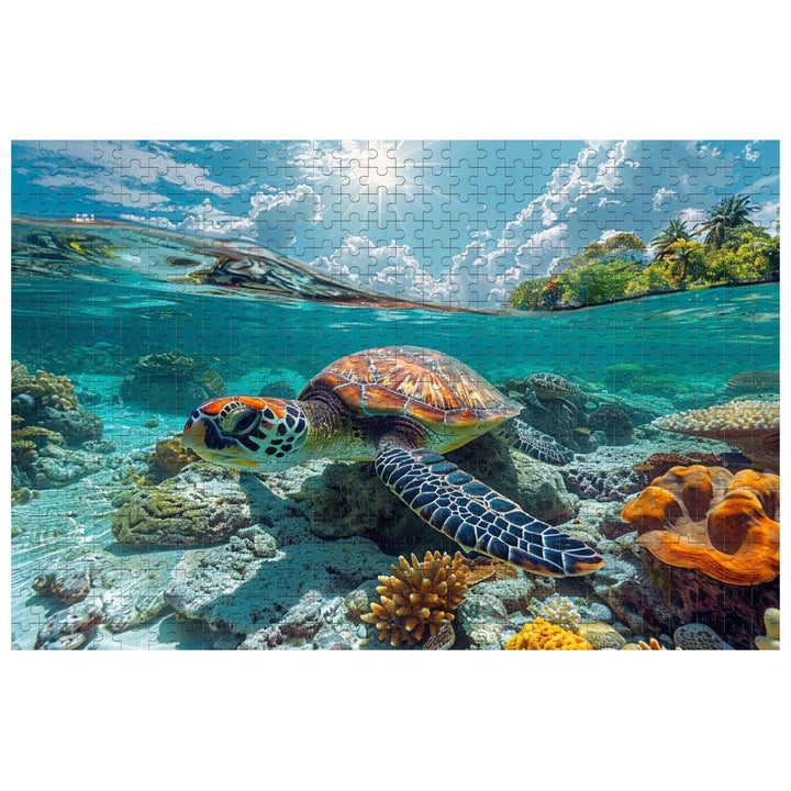 Colorful sea turtle swimming through coral reef in vibrant underwater scene, perfect for 500/1000 piece puzzle enthusiasts.