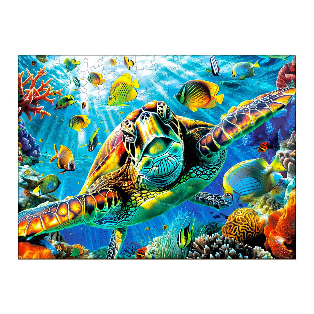 Colorful Turtle Explorer wooden jigsaw puzzle depicting a vibrant underwater scene with various fish and coral.