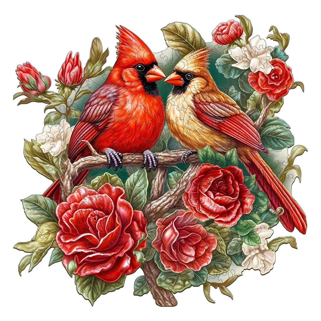 Beautiful cardinal wooden jigsaw puzzle featuring vibrant red and yellow cardinals amidst blooming roses.