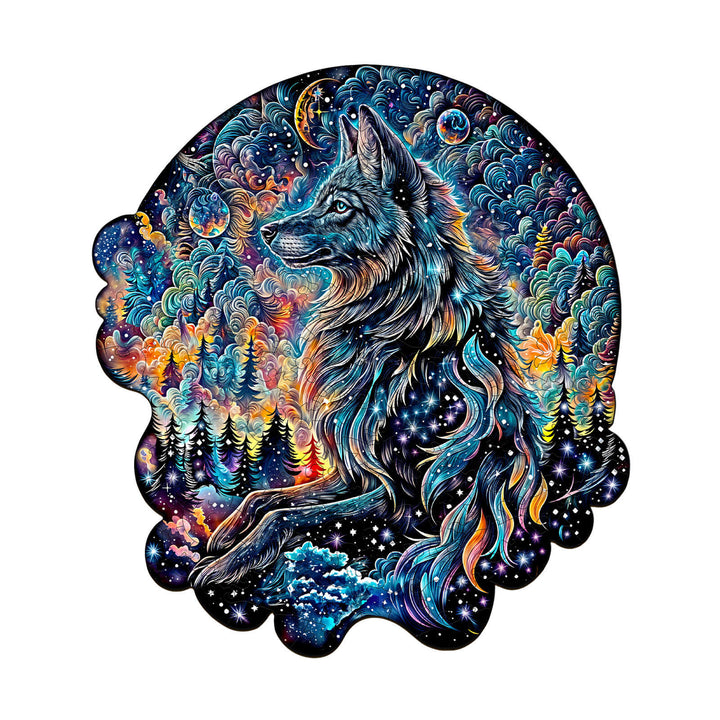 Colorful Nebula Wolf wooden jigsaw puzzle, designed for mind games, enhancing focus and intelligence during play.