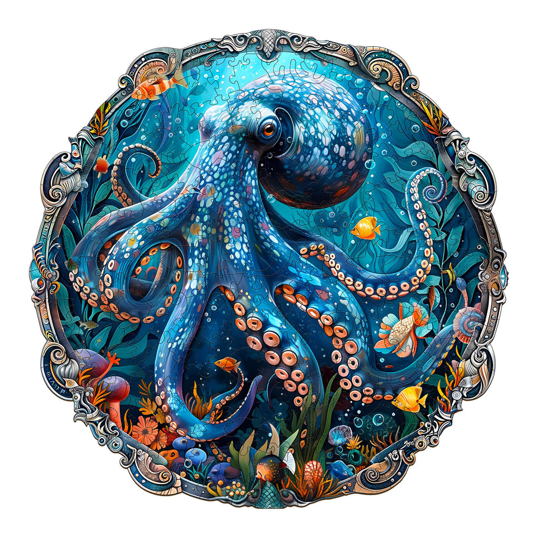 Colorful Mystic Tentacles wooden jigsaw puzzle featuring an intricately designed blue octopus in a vibrant underwater scene.