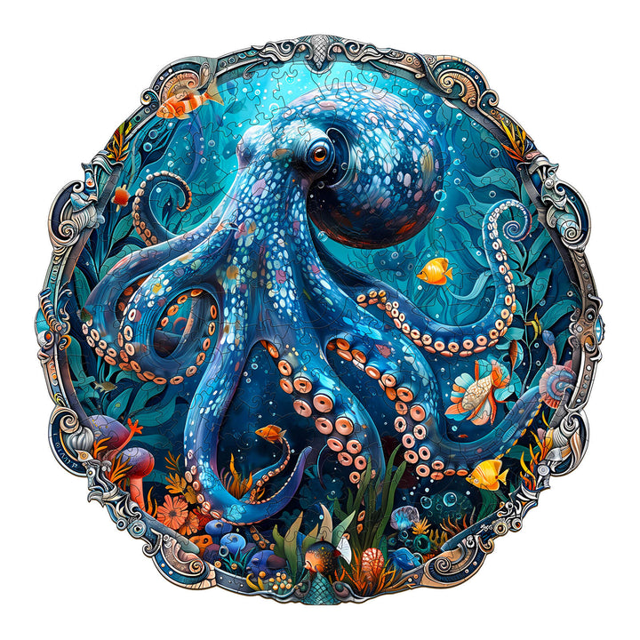 Colorful Mystic Tentacles wooden jigsaw puzzle featuring an intricately designed blue octopus in a vibrant underwater scene.