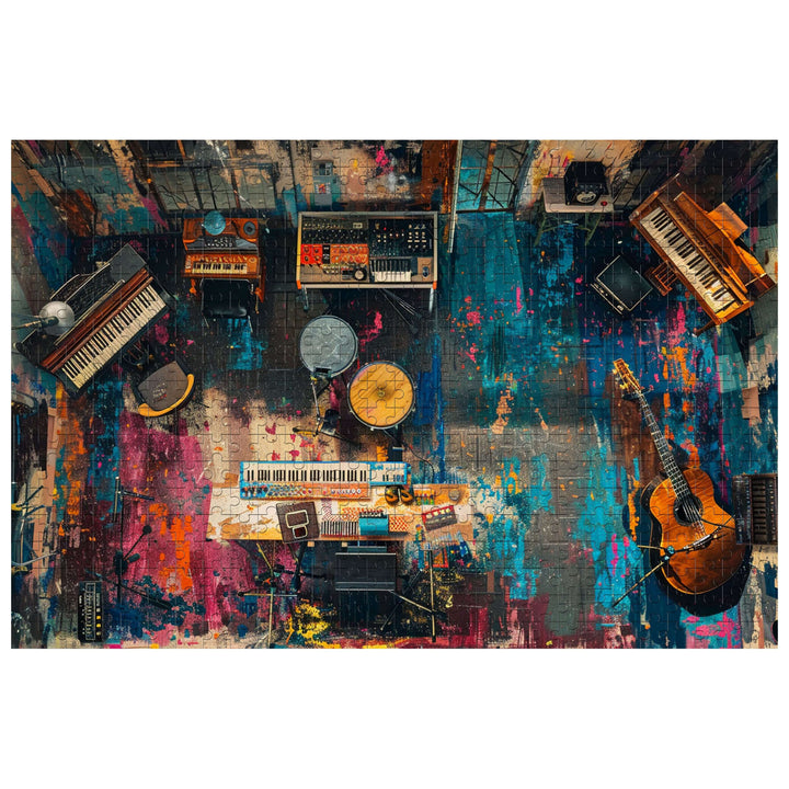 Musical Instrument Room 500/1000 piece puzzle showcasing a colorful array of instruments for an engaging gameplay experience.