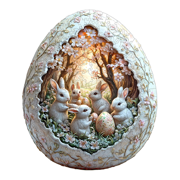3D Eggshell world Easter-2 wooden jigsaw puzzle featuring bunnies and floral design, perfect for puzzle enthusiasts.