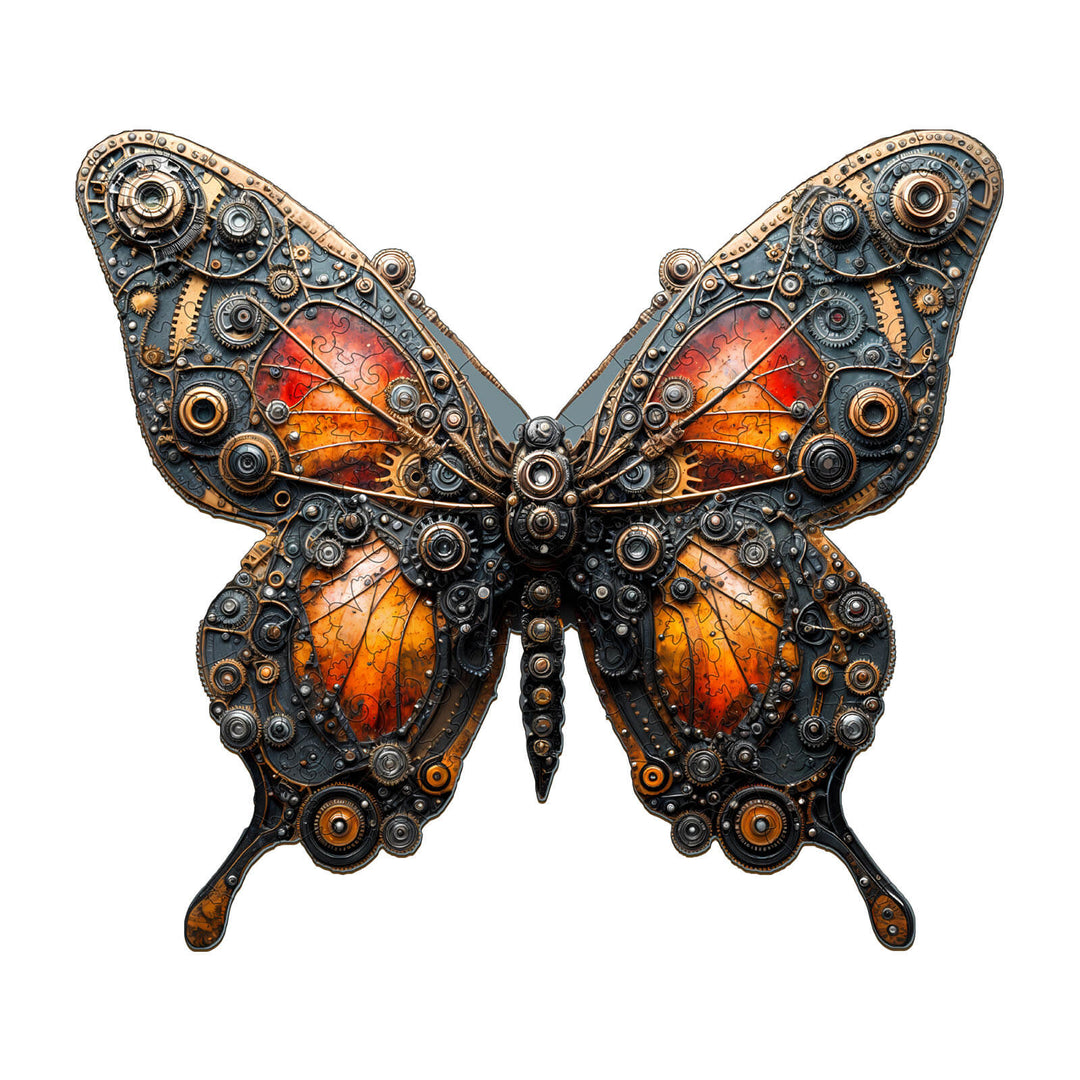 3D Mechanical Butterfly Wooden Jigsaw Puzzle featuring intricate gears and vibrant orange wings for an engaging mind game.