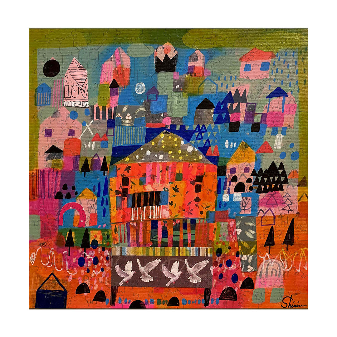 Colorful abstract artwork "This Shall Pass" by Shirin Moarefi featuring vibrant houses and doves.