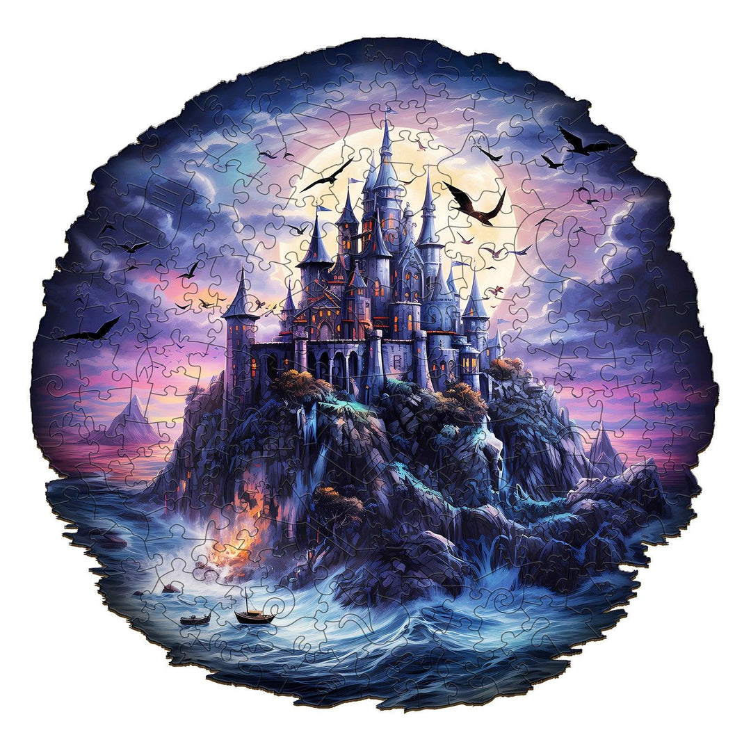 Mysterious Castle Wooden Jigsaw Puzzle featuring a gothic castle on a cliff with a moonlit sky and bats.