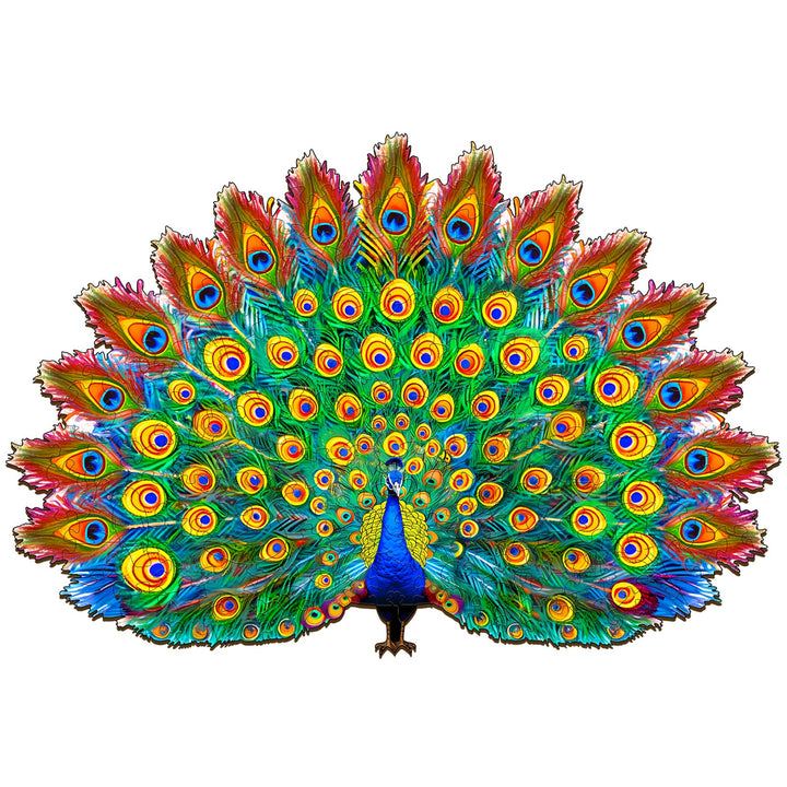 Vibrant peacock displaying colorful feathers in a stunning wooden jigsaw puzzle design, showcasing intricate details.