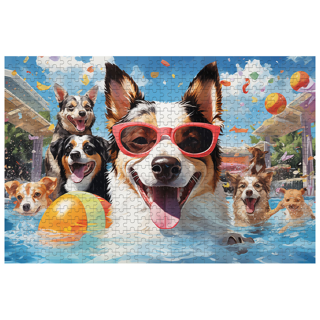 Colorful jigsaw puzzle depicting happy dogs in a pool, featuring a playful puppy pool scene.