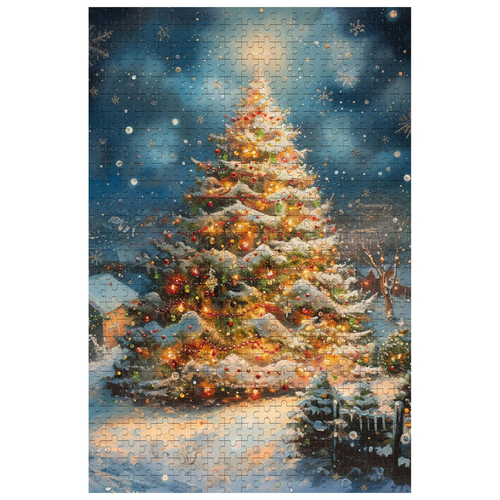 Christmas Tree 500/1000 piece puzzle, featuring a beautifully decorated tree in a snowy landscape.