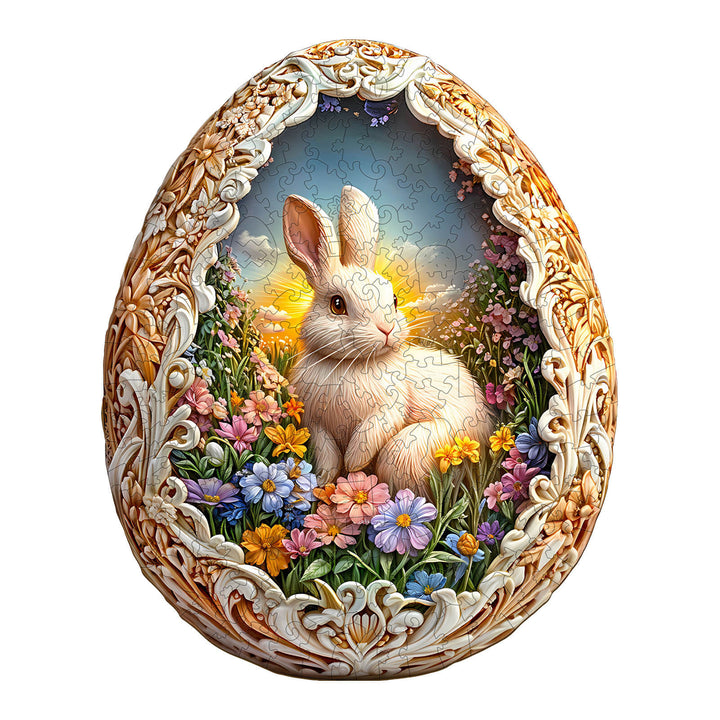 Wonderland Easter-5 wooden jigsaw puzzle featuring a rabbit among colorful flowers in an intricately designed egg.