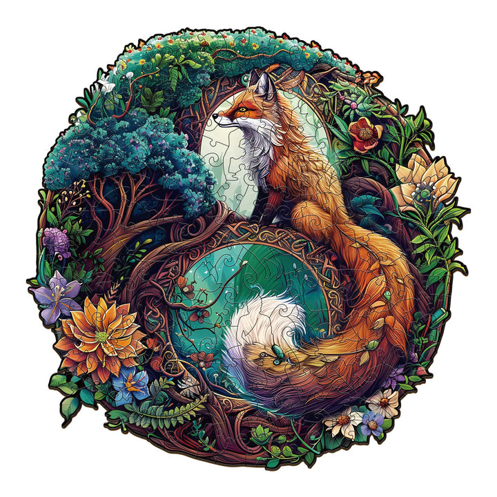 Yin Yang Fox-3 wooden jigsaw puzzle featuring a vibrant fox surrounded by colorful flowers and trees.