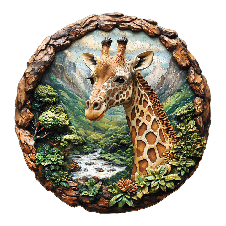 3D Giraffe Wooden Jigsaw Puzzle featuring a beautifully detailed giraffe surrounded by nature.